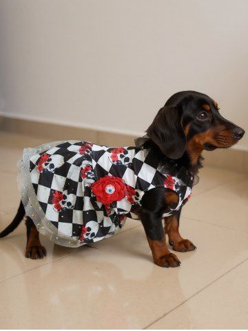 Pet's Halloween Skulls Flowers Checkered Plaid Print Fishnet Lace Trim Dress - WHITE - L