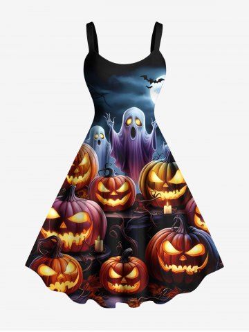 Plus Size Pumpkin Lantern Ghost Bat Galaxy Print Halloween A Line Tank Dress - MULTI-A - XXS