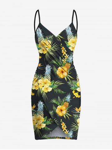 Plus Size Tropical Leaf Hibiscus Flower Pineapple Print Hawaii Convertible Beach Cover Up - YELLOW - XXS