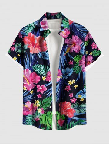Plus Size Tropical Leaf Hibiscus Flower Print Hawaii Button Pocket Shirt For Men - BLUE - 4XL