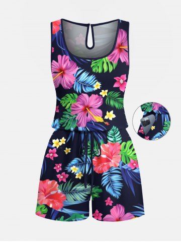 Plus Size Tropical Leaf Hibiscus Flower Print Hawaii Drawstring Pocket Romper - BLACK - S
