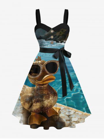 Plus Size Cool Duck Sea River Print Hawaii Button A Line Dress with Removable Belt - BLUE - S