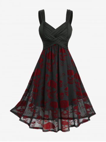 Plus Size Ruched Braided Panel Skulls Flocking Mesh Tank Dress - BLACK - 5X | US 30-32