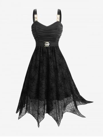 Plus Size Ruched Bust Spider Web Flocking Handkerchief Dress with Removable Belt - DEEP BLUE - 4X | US 26-28