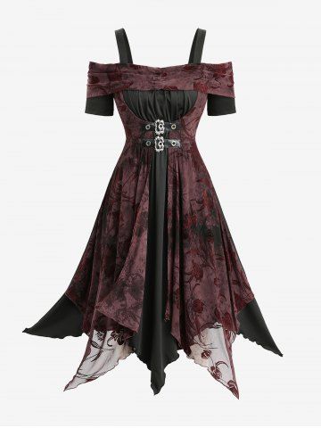 Plus Size Tie Dye Print Floral Flocking Ruched Buckles Panel Cold Shoulder Tank Dress - DEEP RED - 4X | US 26-28