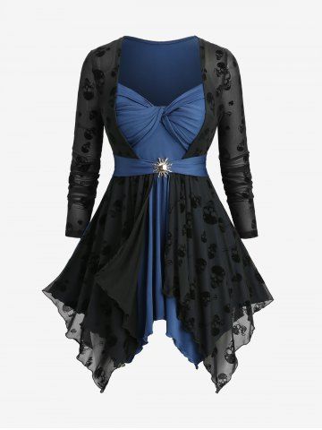 Plus Size Skulls Flocking Twist Panel Ruffles Asymmetrical Sun Buckle Long Sleeves 2 In 1 Top - DEEP BLUE - 4X | US 26-28