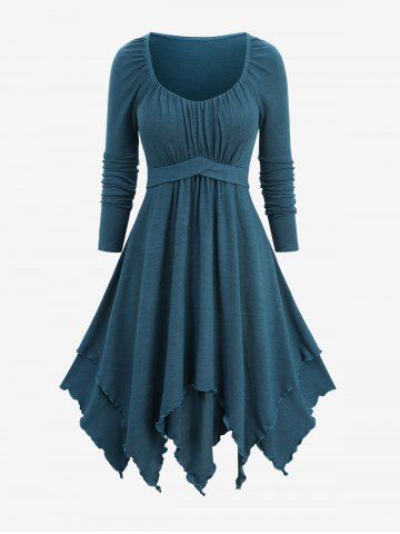 Plus Size Marled Ruched Panel Layered Ruffles Asymmetrical Dress - PEACOCK BLUE - L | US 12