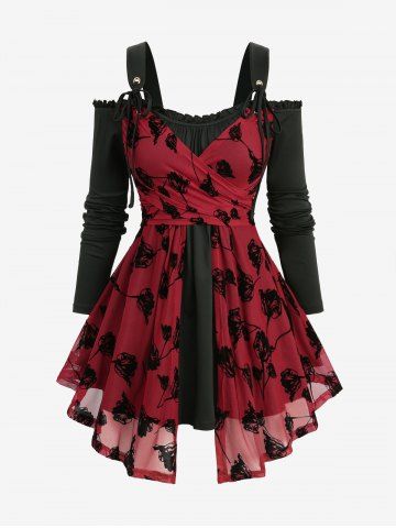 Plus Size Cold Shoulder Flower Flocking 2 in 1 Long Sleeve Top - RED - M | US 10