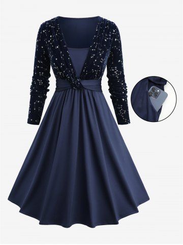 Plus Size Star Silver Stamping Velvet Pocket Ruched 2 In 1 Dress - NAVY BLUE - 2X | US 18-20