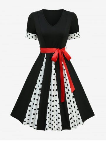 Polka Dot Printed Patchwork Vintage A Line Dress with Removable Tied Belt - BLACK - XL