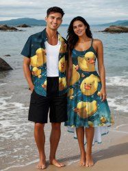 Tenue de plage hawaïenne assortie grande taille à imprimé étang aux canards pour couples - Vert 