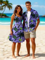 Coconut Tree Turtle Shell Flowers Pineapple Print Plus Size Matching Hawaii Beach Outfit For Couples -  