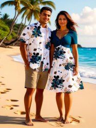 Tenue de plage hawaïenne assortie grande taille à imprimé fleurs et feuilles pour couples - Vert 