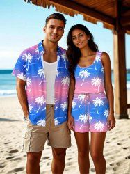 Ensemble chemise et barboteuse hawaïennes assorties, grande taille, tenue de plage, motif cocotier, flamant rose, dégradé, colorblock, imprimé pour couples - Bleu clair 