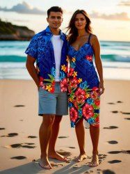 Tenue de plage hawaïenne assortie grande taille à imprimé feuilles tropicales et fleurs d'hibiscus pour couples - Bleu Ciel 