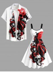 Tenue assortie grande taille pour couple, motif tête de mort, poulpe et fleurs, peinture à l'encre d'Halloween - Blanc 