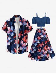 Tenue de plage hawaïenne assortie grande taille à imprimé feuilles et fleurs d'hibiscus pour couples - Noir 