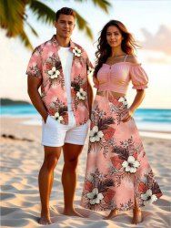Tenue de plage hawaïenne assortie grande taille à imprimé feuilles tropicales et fleurs d'hibiscus pour couples - Rose clair 