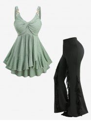 Tenue grande taille avec débardeur texturé à volants torsadés et pantalon évasé en laitue floqué en toile d'araignée - Vert 