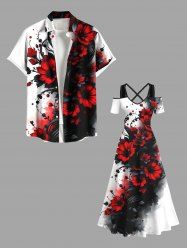 Tenue de plage hawaïenne assortie grande taille, motif fleurs et feuilles, pour couple - Noir 