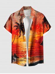 Chemise hawaïenne grande taille à imprimé cocotiers, paysage marin, soleil, oiseaux, nuages, boutons et poches pour homme - Orange 3XL
