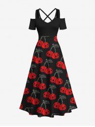 Plus Size Halloween Cherry Skulls Print Cold Shoulder Crisscross Maxi Dress -  
