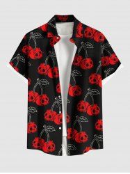 Chemise grande taille à boutons et poches pour homme, motif tête de mort et cerises d'Halloween - Noir 6XL