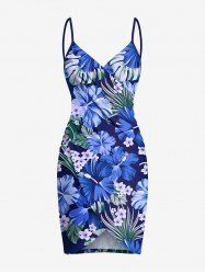 Housse de plage hawaïenne convertible grande taille à imprimé feuilles et fleurs d'hibiscus - Bleu M