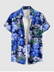 Plus Size Hibiscus Flower Leaf Print Buttons Pocket Hawaii Shirt For Men -  