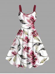 Plus Size Flowers Leaf Print Hawaii Tank Dress -  