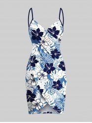 Robe de plage convertible grande taille à imprimé feuilles tropicales et fleurs d'hibiscus hawaïennes - Bleu S