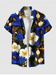 Chemise hawaïenne à boutons et poches, grande taille, imprimé fleurs d'hibiscus bicolore doré, pour homme - Bleu 2XL