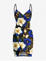 Robe de plage convertible grande taille à imprimé hibiscus bicolore doré - Bleu XS