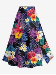 Jupe trapèze fendue hawaïenne grande taille à imprimé feuilles tropicales et fleurs d'hibiscus - Concorde L