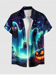 Plus Size Pumpkin Ghost Bat Galaxy Print Halloween Button Pocket Shirt For Men -  