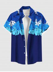 Plus Size Tropical Leaf Hibiscus Flowers Print Buttons Pocket Hawaii Shirt For Men -  