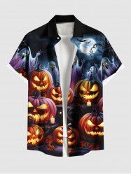 Chemise grande taille à imprimé citrouille, lanterne, fantôme, chauve-souris, galaxie, Halloween, boutonnée et poche pour homme - Noir 6XL