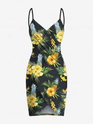 Robe de plage convertible grande taille à imprimé feuilles tropicales, hibiscus, fleurs et ananas, style hawaïen - Jaune 4X
