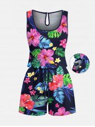 Plus Size Tropical Leaf Hibiscus Flower Print Hawaii Drawstring Pocket Romper -  