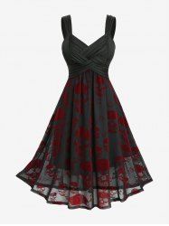 Gothic Plus Size Ruched Braided Panel Skulls Flocking Mesh Tank Dress -  