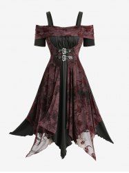 Gothic Plus Size Tie Dye Print Floral Flocking Ruched Buckles Panel Cold Shoulder Tank Dress -  