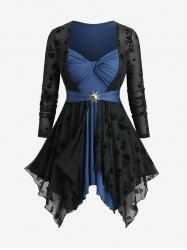 Haut 2 en 1 grande taille à volants, panneau torsadé floqué, boucle soleil asymétrique, manches longues - Bleu profond 4X | US 26-28