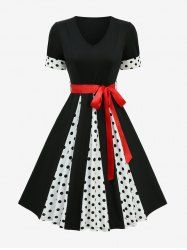 Polka Dot Printed Patchwork Vintage A Line Dress with Removable Tied Belt -  
