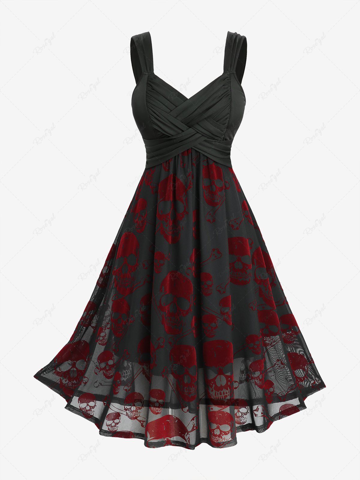 Fashion Gothic Plus Size Ruched Braided Panel Skulls Flocking Mesh Tank Dress  