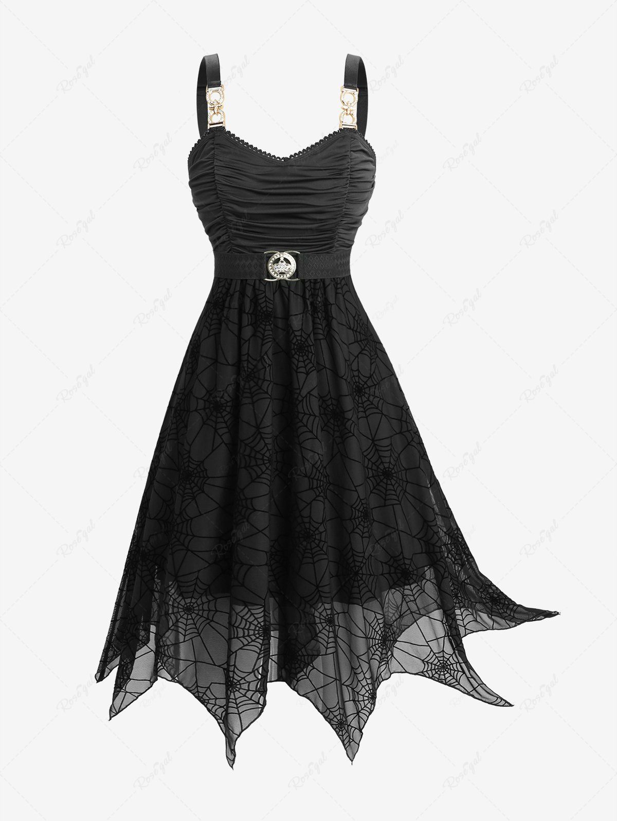 Best Plus Size Ruched Bust Spider Web Flocking Handkerchief Dress with Removable Belt  