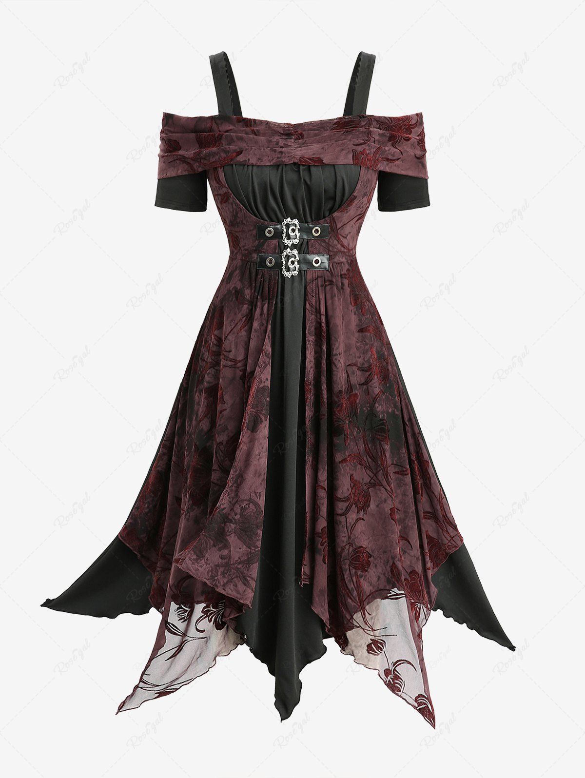 Best Gothic Plus Size Tie Dye Print Floral Flocking Ruched Buckles Panel Cold Shoulder Tank Dress  