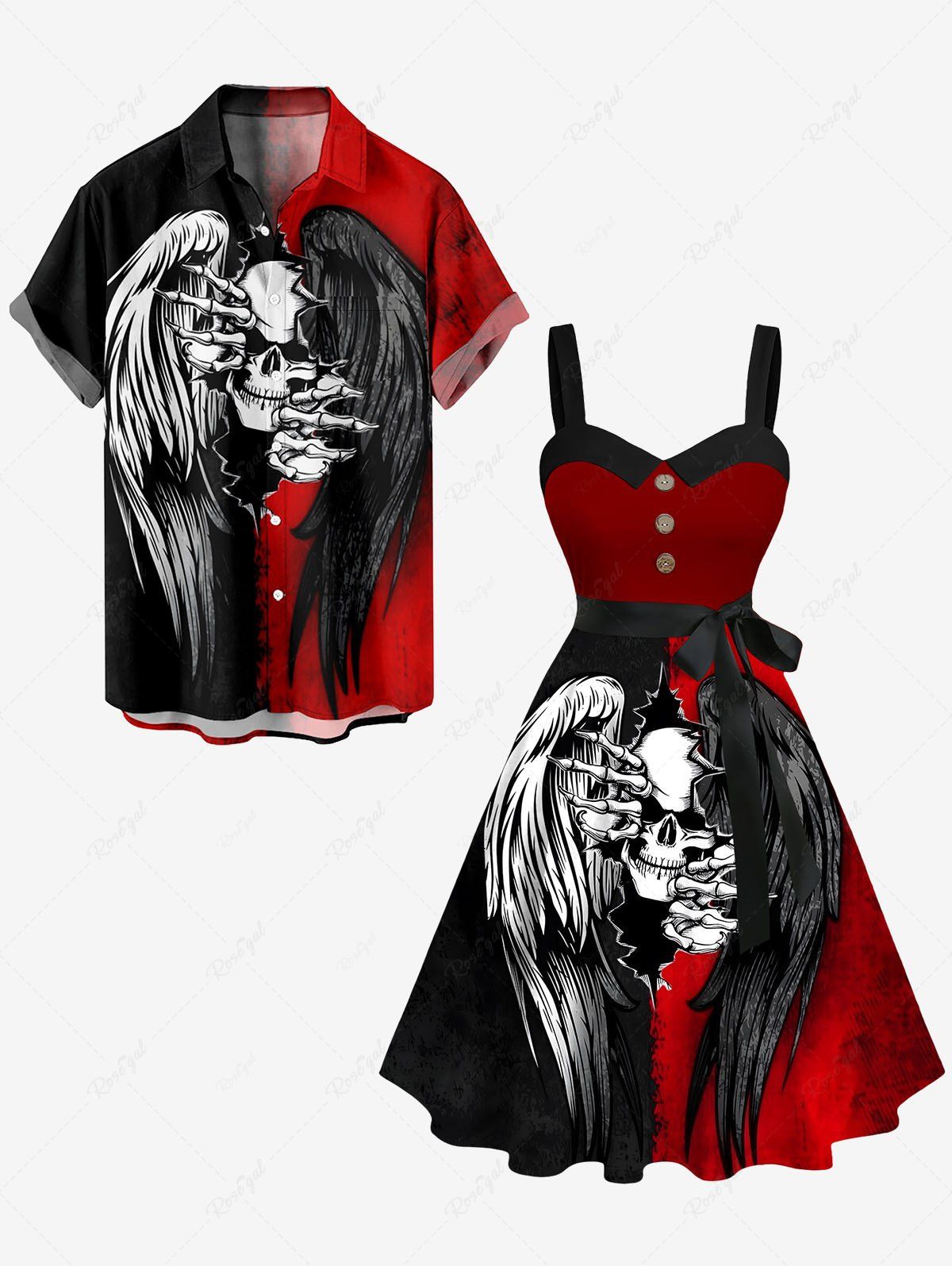 Latest Halloween Ink Painting Skull Ripped Two Tone Feather Wings Print Plus Size Matching Outfit For Couples  