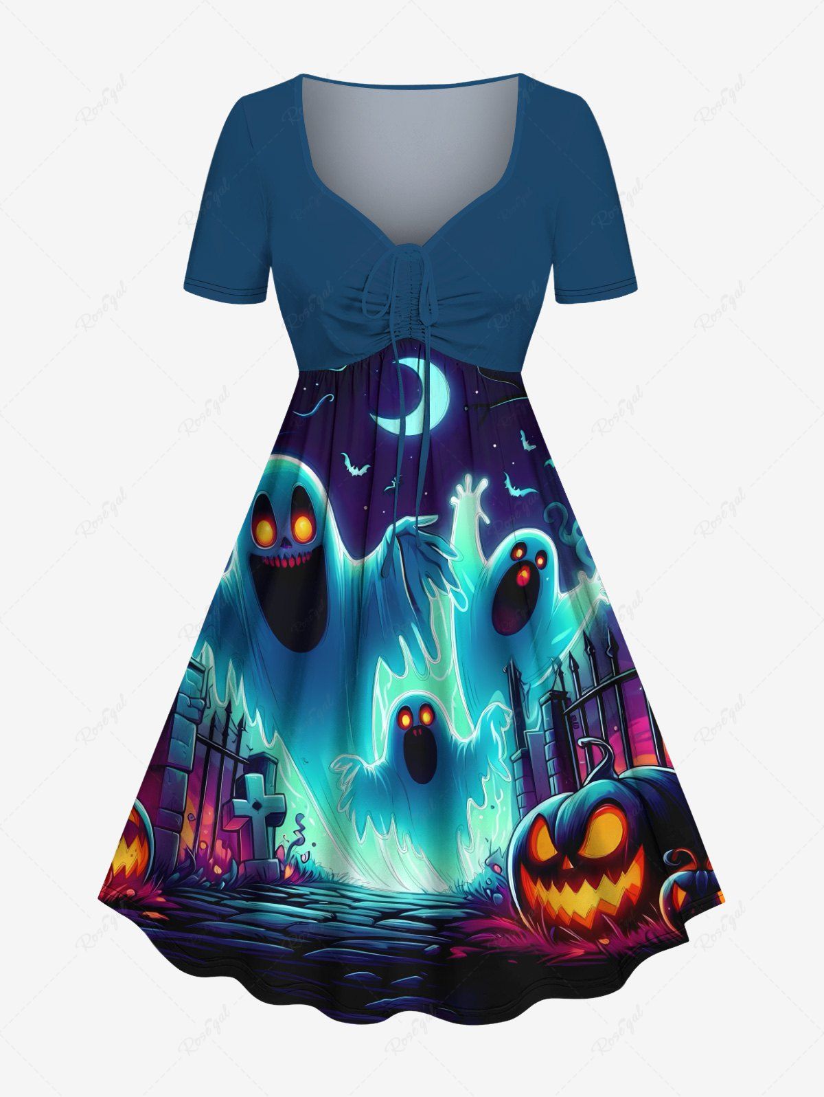 Store Plus Size Pumpkin Ghost Bat Galaxy Print Halloween Cinched A Line Dress  