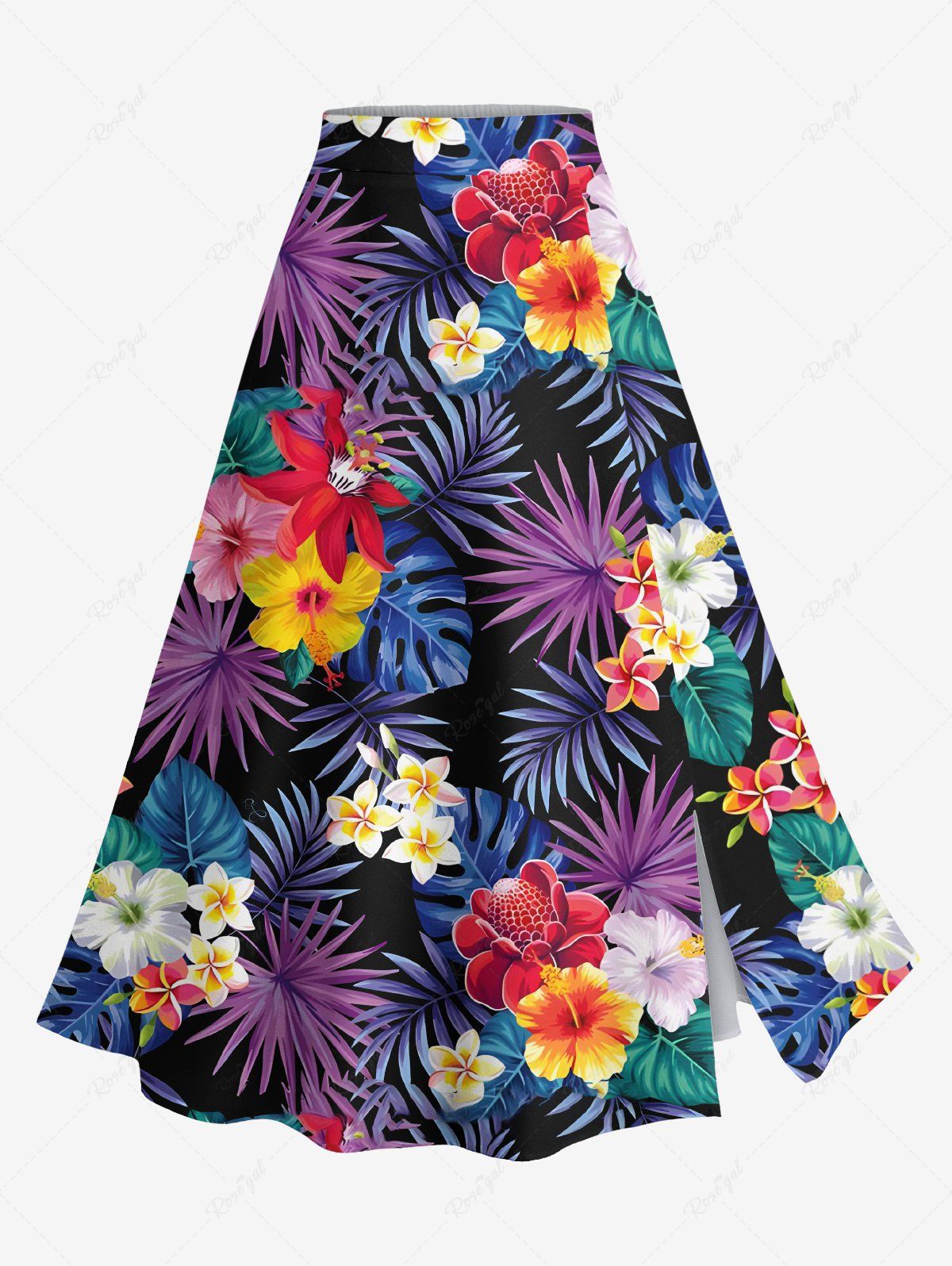 Outfits Plus Size Tropical Leaf Hibiscus Flower Print Hawaii Split A Line Skirt  