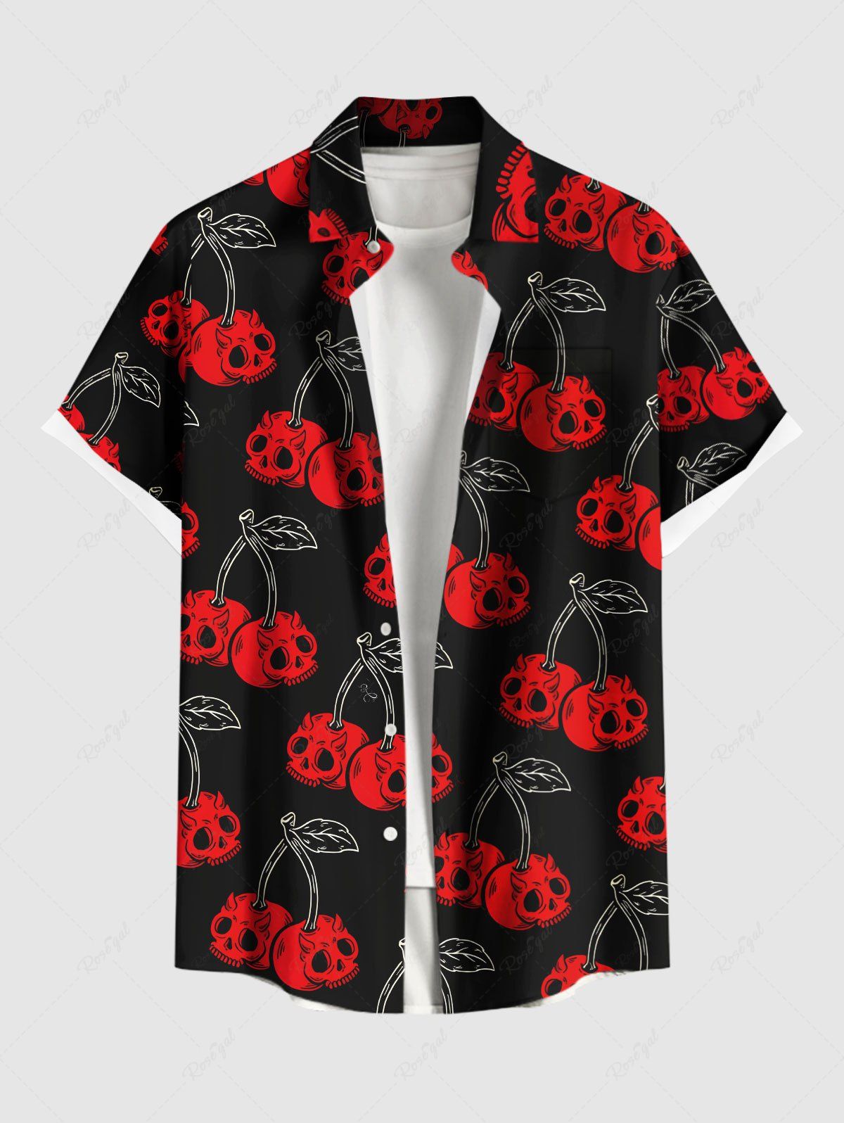 Chemise grande taille à boutons et poches pour homme, motif tête de mort et cerises d'Halloween Noir XL